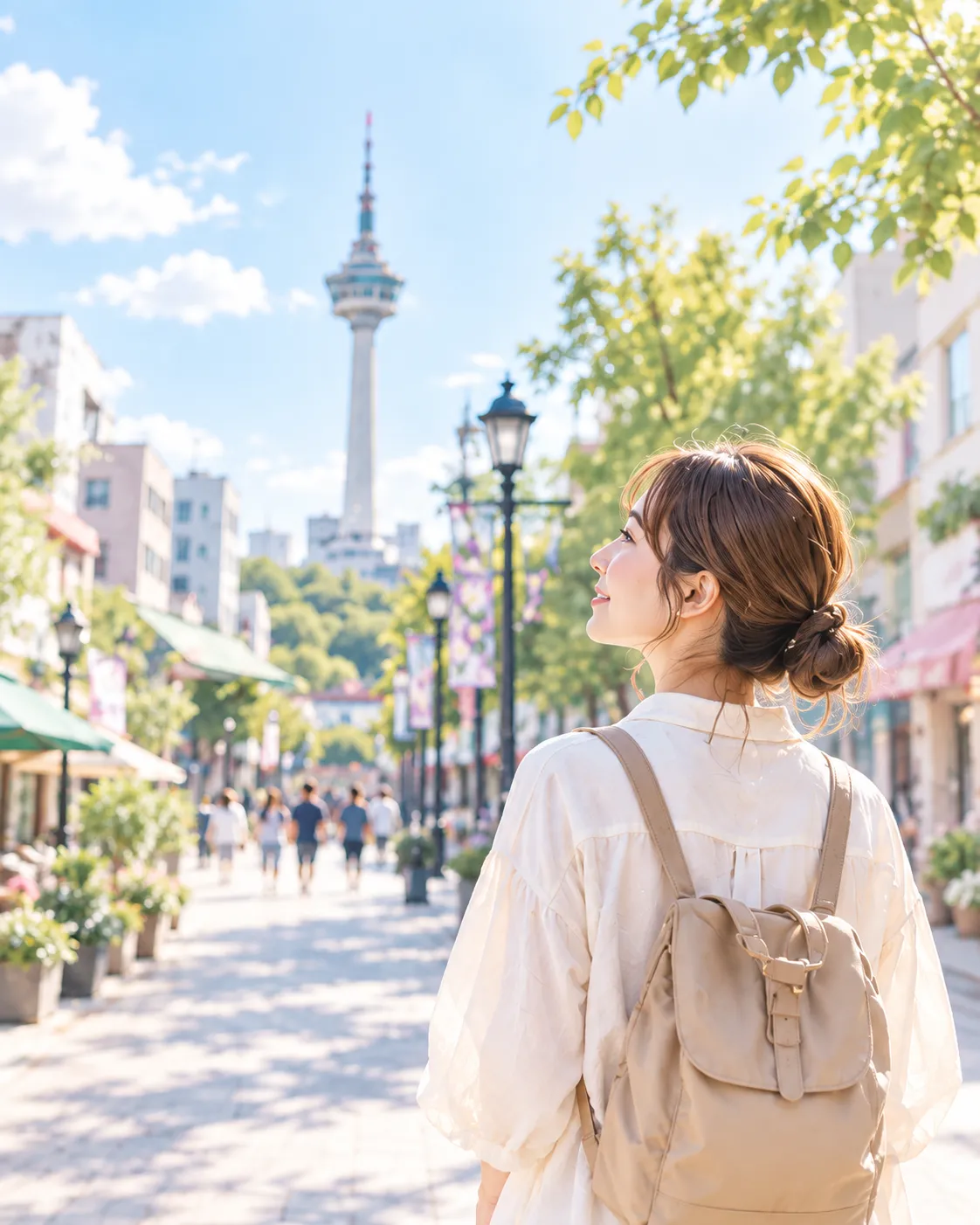 春の大邱の街並みと展望塔を眺める女性