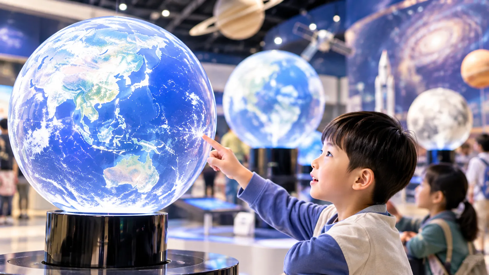 科学館で地球儀を見つめる子ども