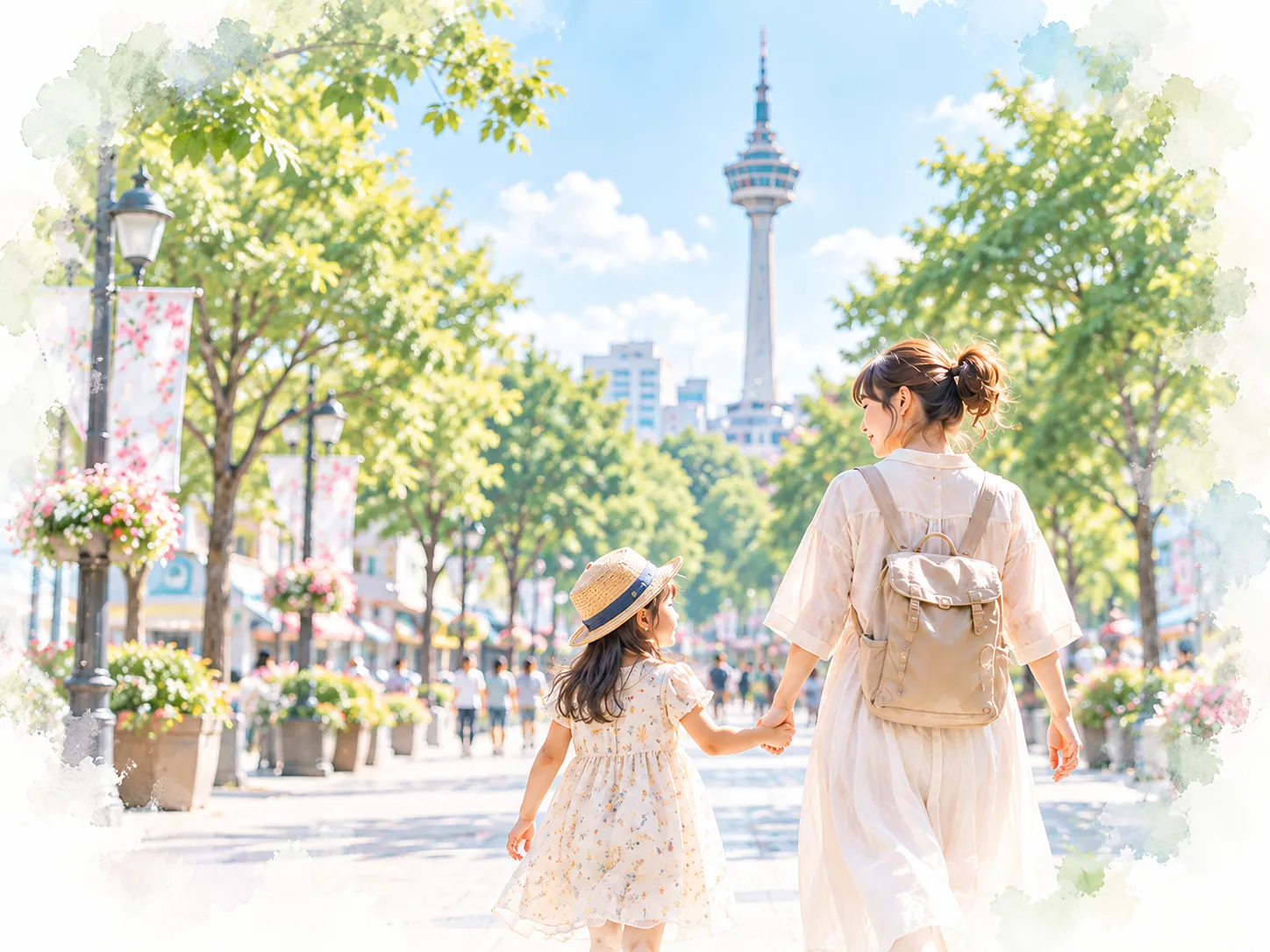 大邱の木漏れ日の中で83タワーを眺める母娘