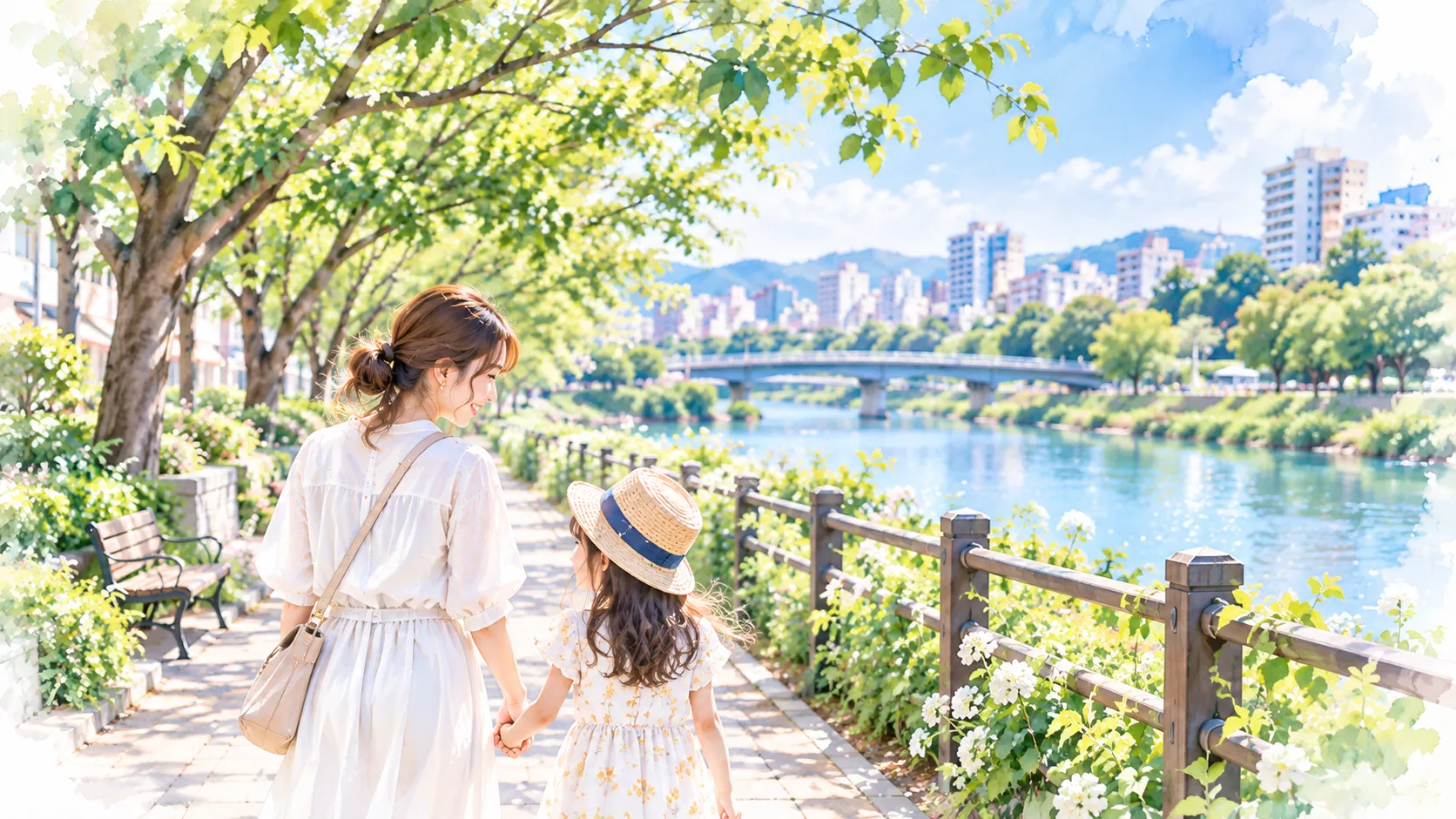 春の川辺を歩く母と娘の水彩イラスト