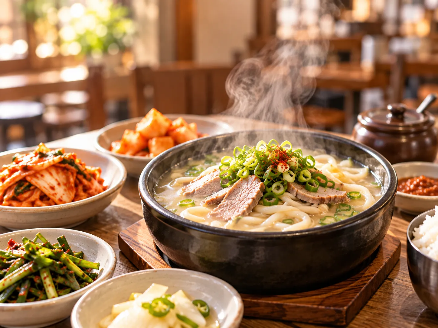 湯気が立つ韓国料理の食卓