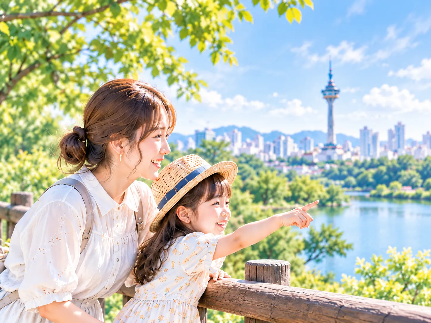 大邱の展望台から景色を楽しむ母と娘