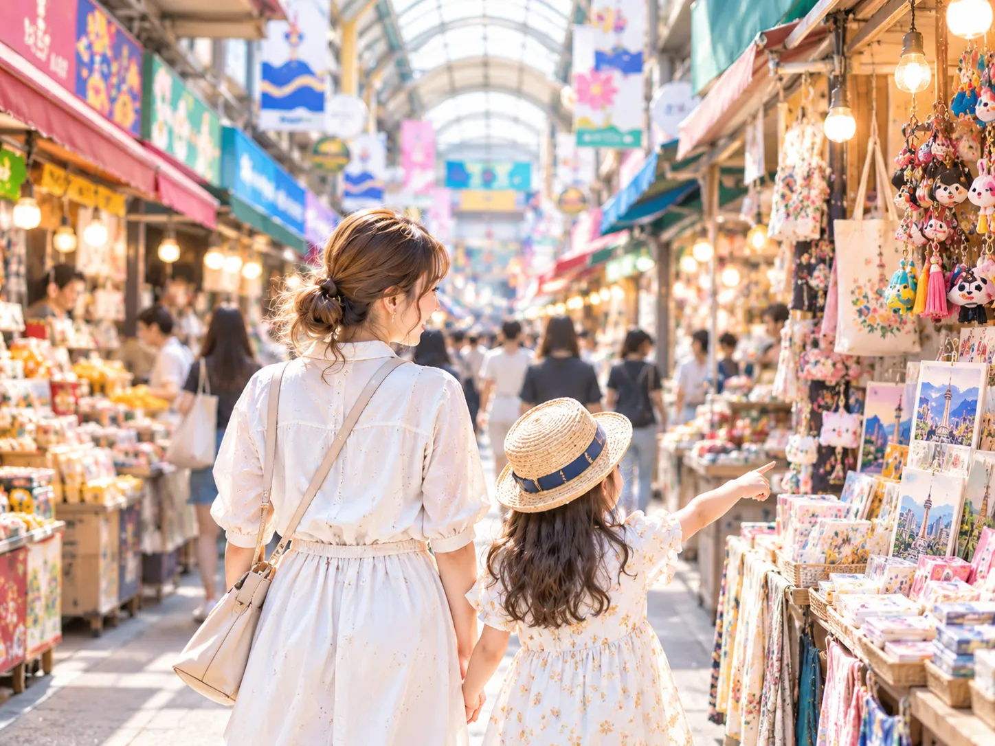 母娘でにぎやかな市場を歩く様子
