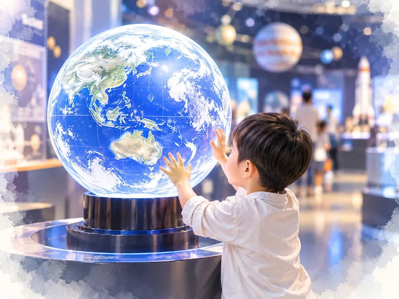 科学館で光る地球に触れる子ども