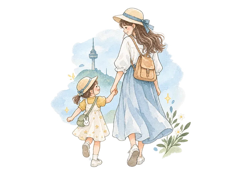 子どもと一緒の旅をイメージした水彩イラスト