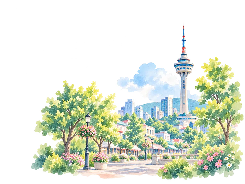 大邱83タワーと花咲く街角の水彩イラスト