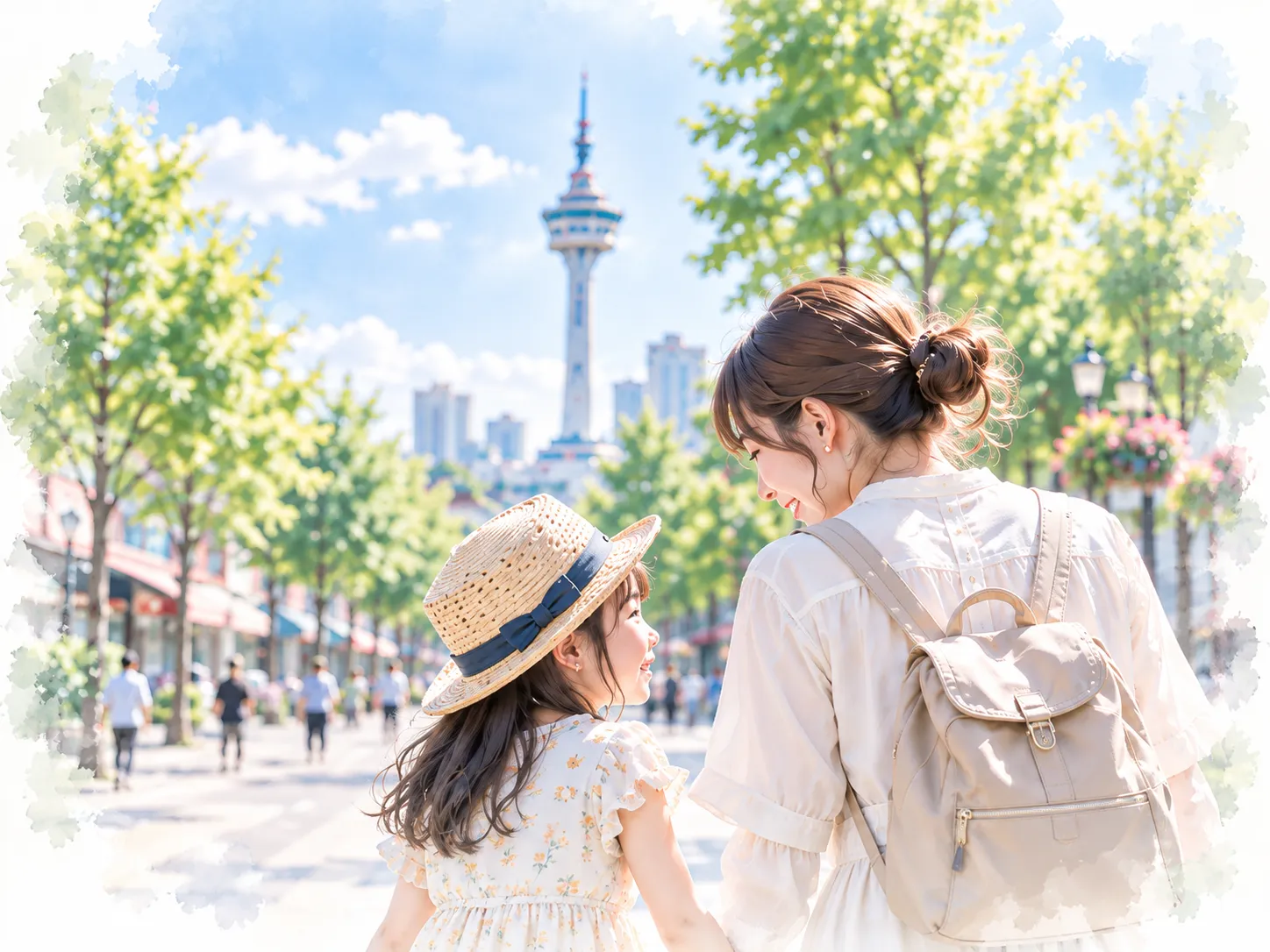 大邱の街を一緒に歩く母と娘