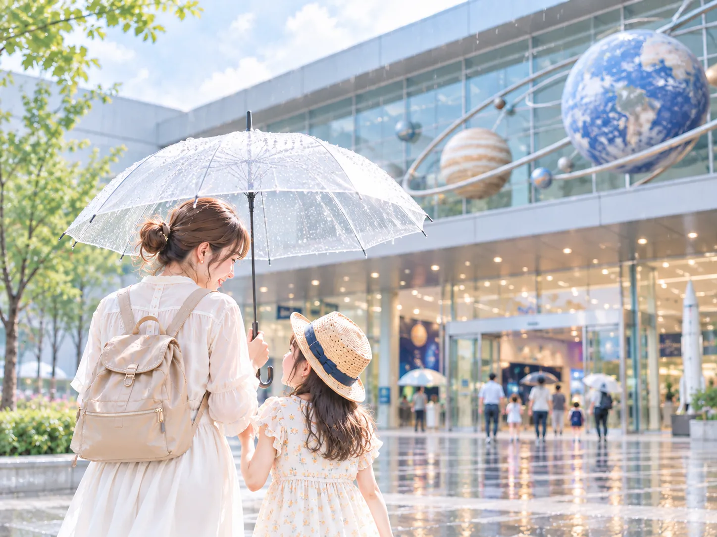 雨の日にも楽しめる国立大邱科学館を訪れる親子