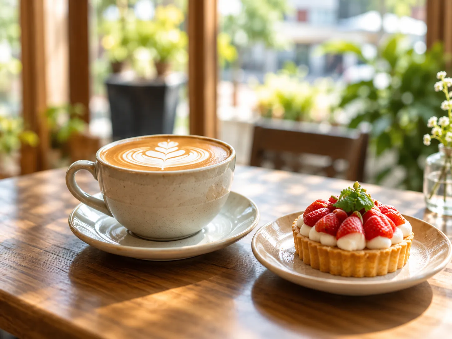 カフェのラテと苺のタルト