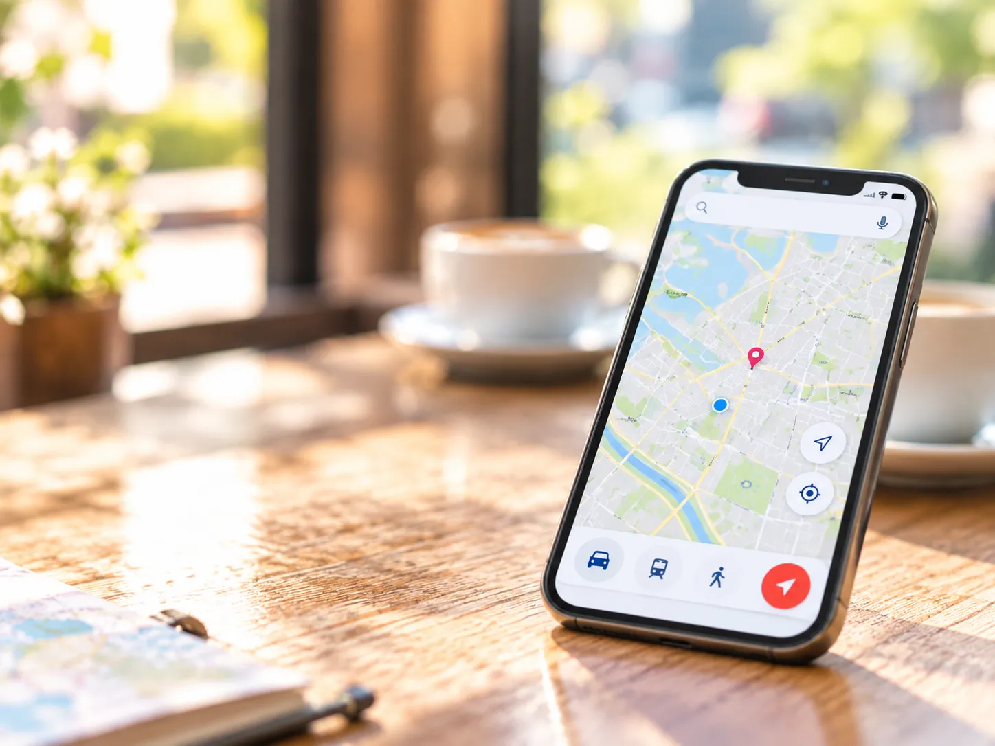 カフェのテーブルに置かれた地図アプリのスマートフォン