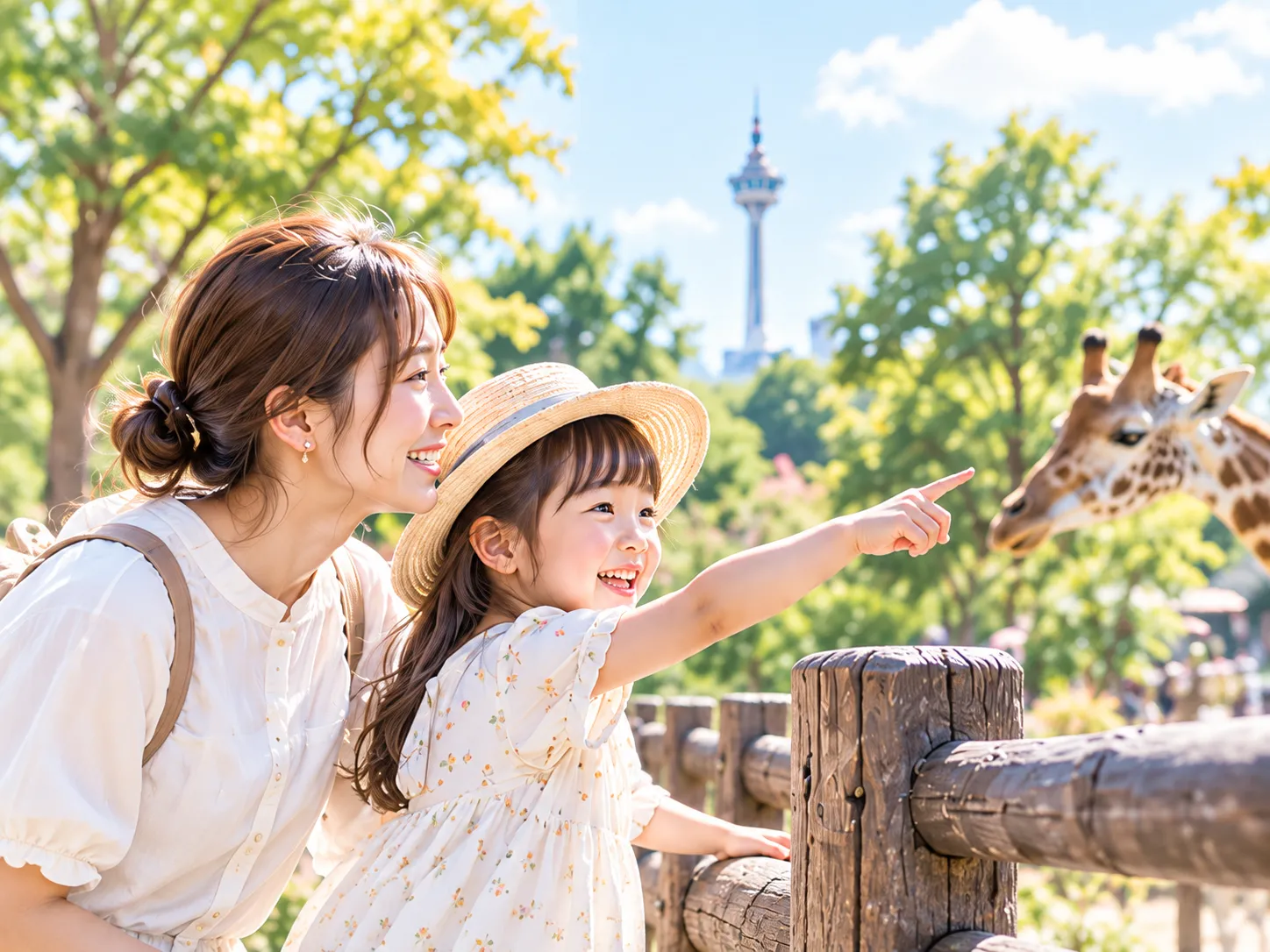 大邱の動物園でキリンに餌をあげる親子