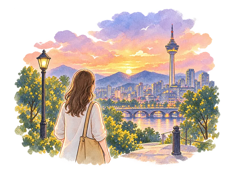 夕暮れの大邱の街を眺める旅人