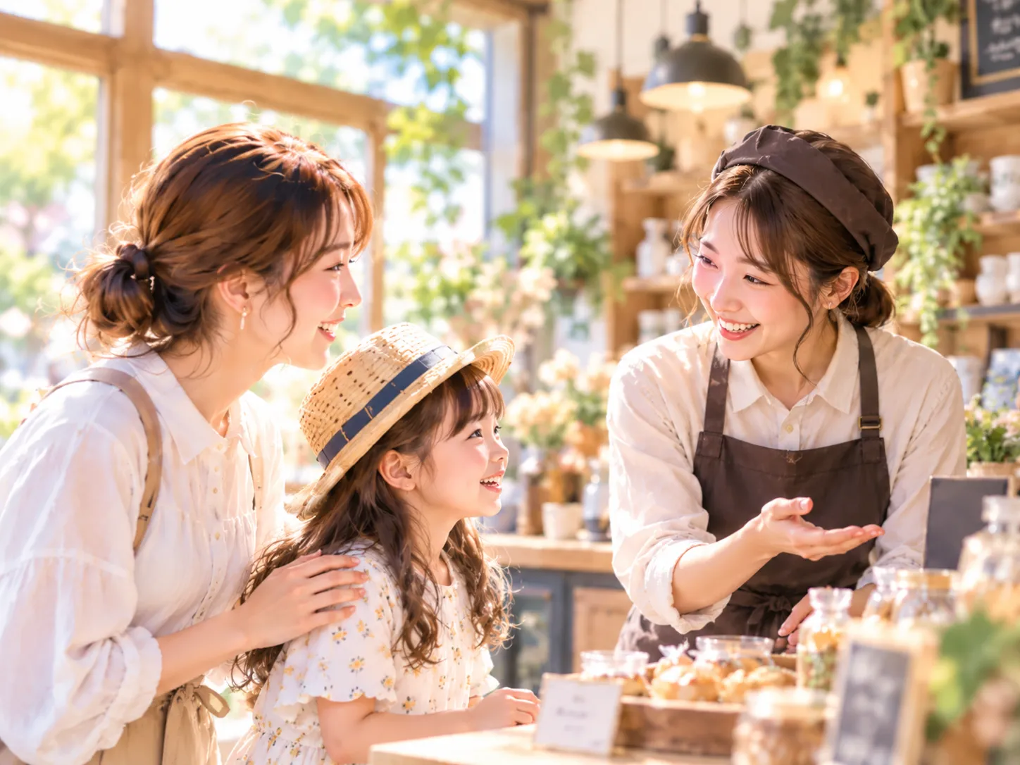 街角のカフェで親切な店員とふれあう母娘