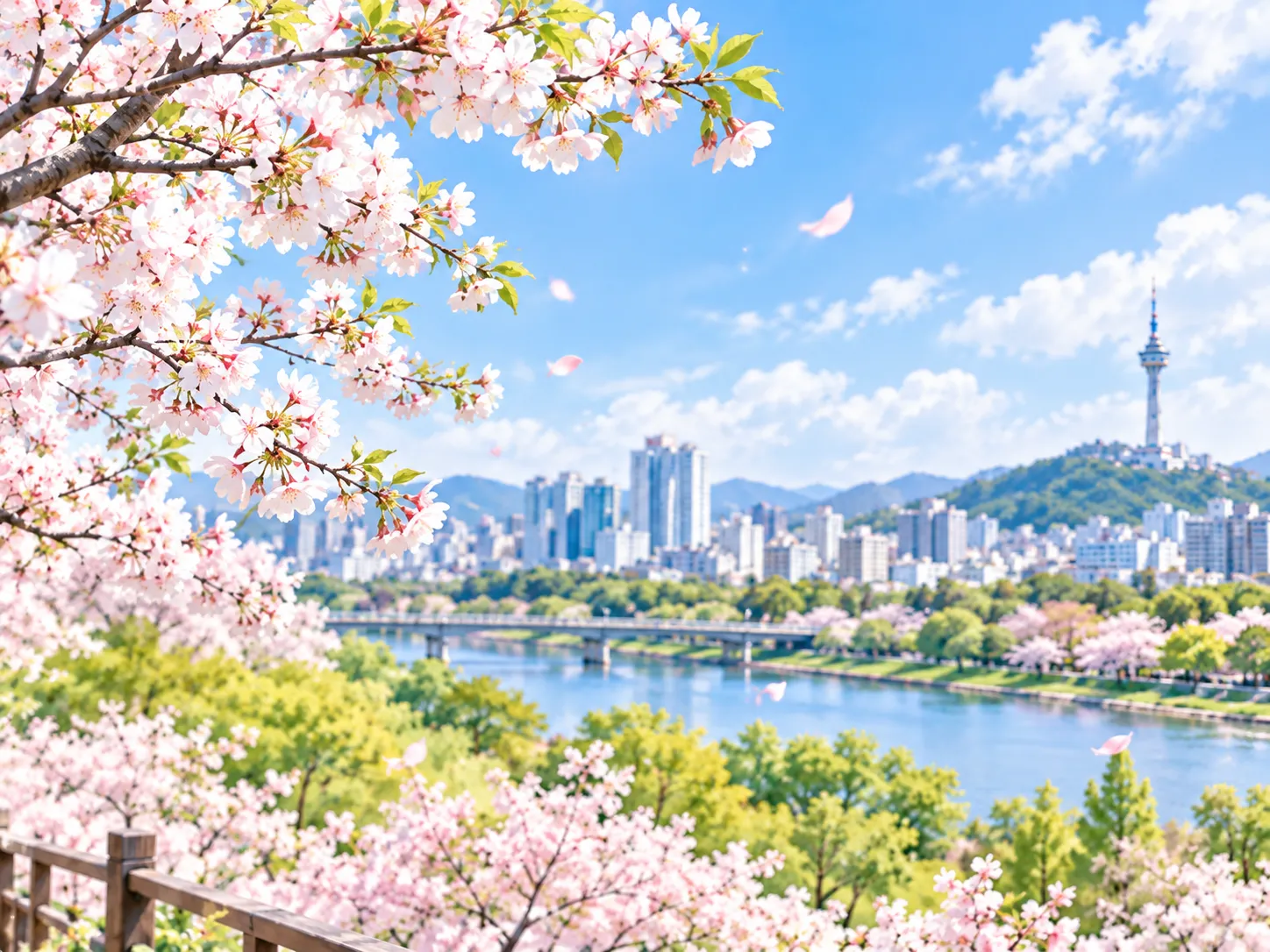 桜が咲く川辺と大邱の街並み