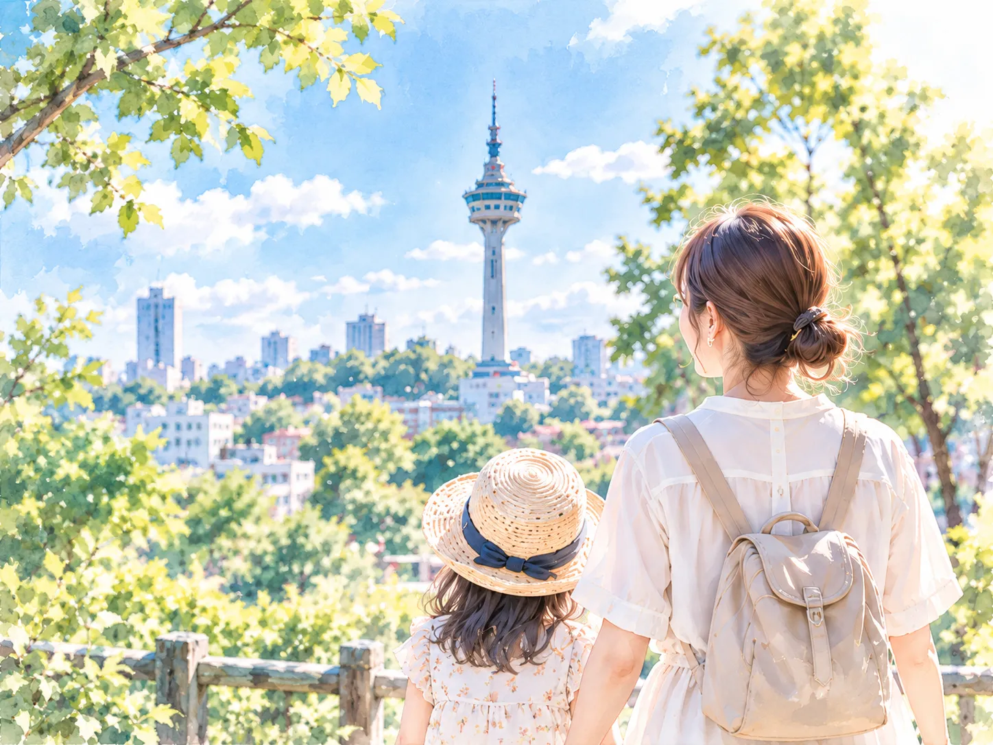 大邱の展望塔と街並みを眺める母娘
