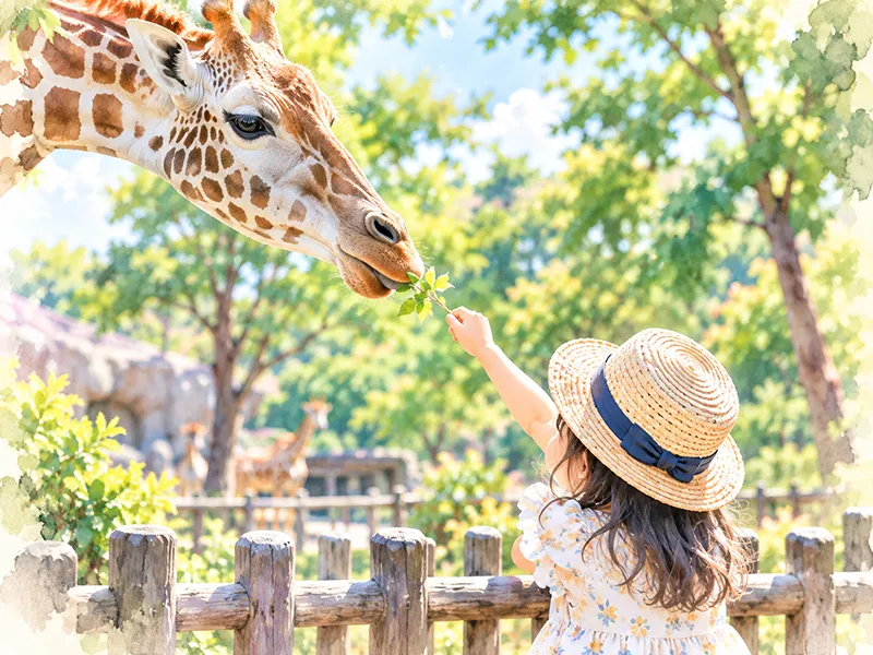 キリンに葉をあげる子ども