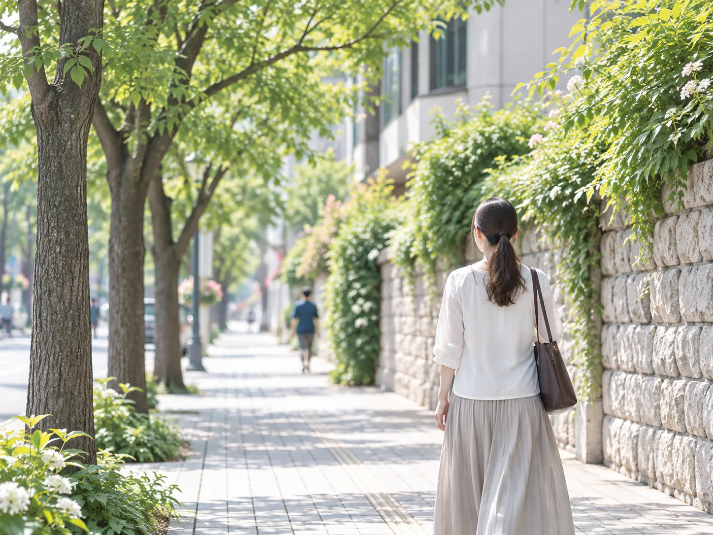 木漏れ日の街路を歩く女性