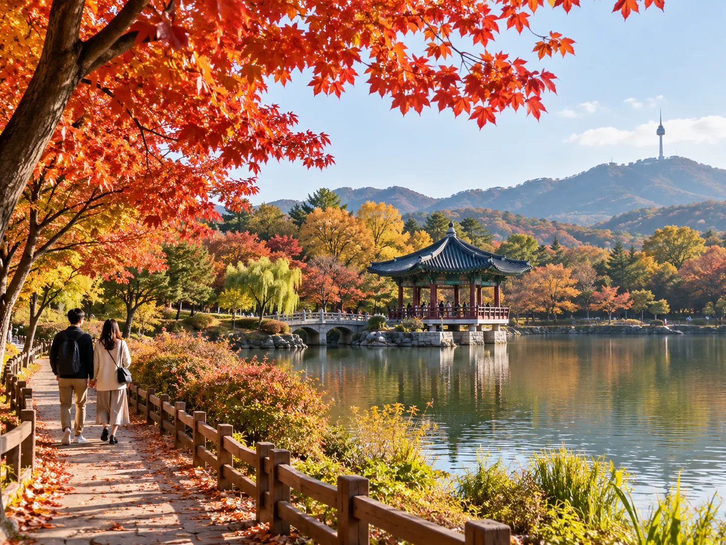 湖畔に建つ韓国の伝統亭